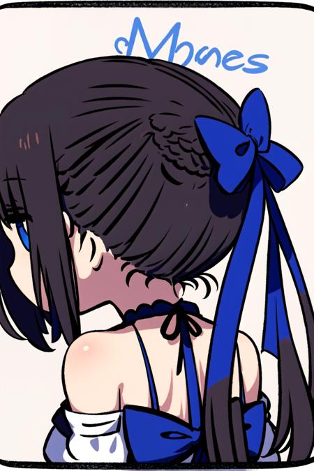 <lora:chanco:1>, 1girl, solo, bow, white background, ponytail, from behind, hair bow, long hair, simple background, black hair, bare shoulders, upper body, back, back focus, signature, blue bow, ribbon, brown hair, bare back, blue ribbon, character name