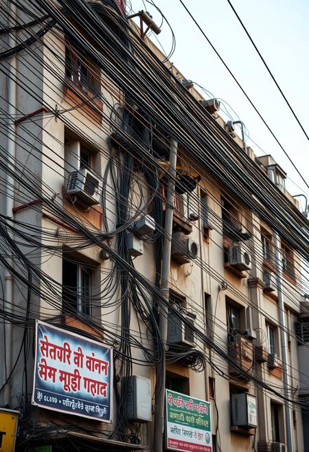 A beautifully composed professional photograph of an apartment building in New Delhi, focusing on the mass of cables, power lines, phone wires and cable TV wires. Insane amount of wires, ultra realistic and detailed, banners and advertisements in Hindi, buildings are heavily weathered and dirty, early morning light