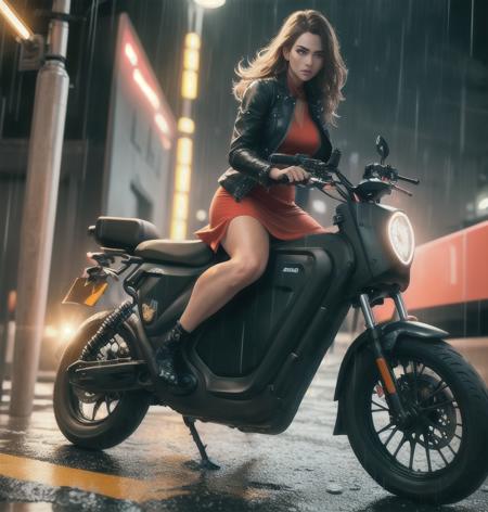 1girl, dress, jacket, rain, ground vehicle, helmet, mecha, motor vehicle, motorcycle, on motorcycle, vehicle focus, wheel, night, road, street, rain, city, puddles, 8k, ultra realistic, lens flare, atmosphere, glow, detailed, intricate, full of colour, cinematic lighting, trending on artstation, 4k, hyperrealistic, focused, extreme details, unreal engine 5, cinematic, Masterpiece, best quality <lora:motor:0.7>