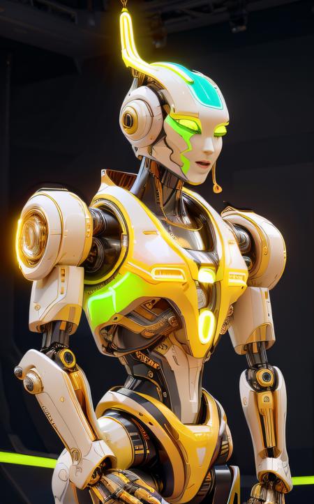 Abstract style ((bright neon colors)), (top-quality, 8K, masterpiece:1.3) A photo of a sleek, humanoid robot, playing a musical instrument, wearing a stylish jacket, on a modern stage taken with a prime lens highly detailed, detailed skin, dramatic spotlighting <lora:IvoryGoldAIv2:1> ivory gold . Non-representational, colors and shapes, expression of feelings, imaginative, highly detailed