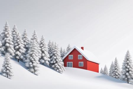 A minimalistic illustration of a snowy winter landscape with a red house tucked away on the left side of beautiful evergreen trees,  3d