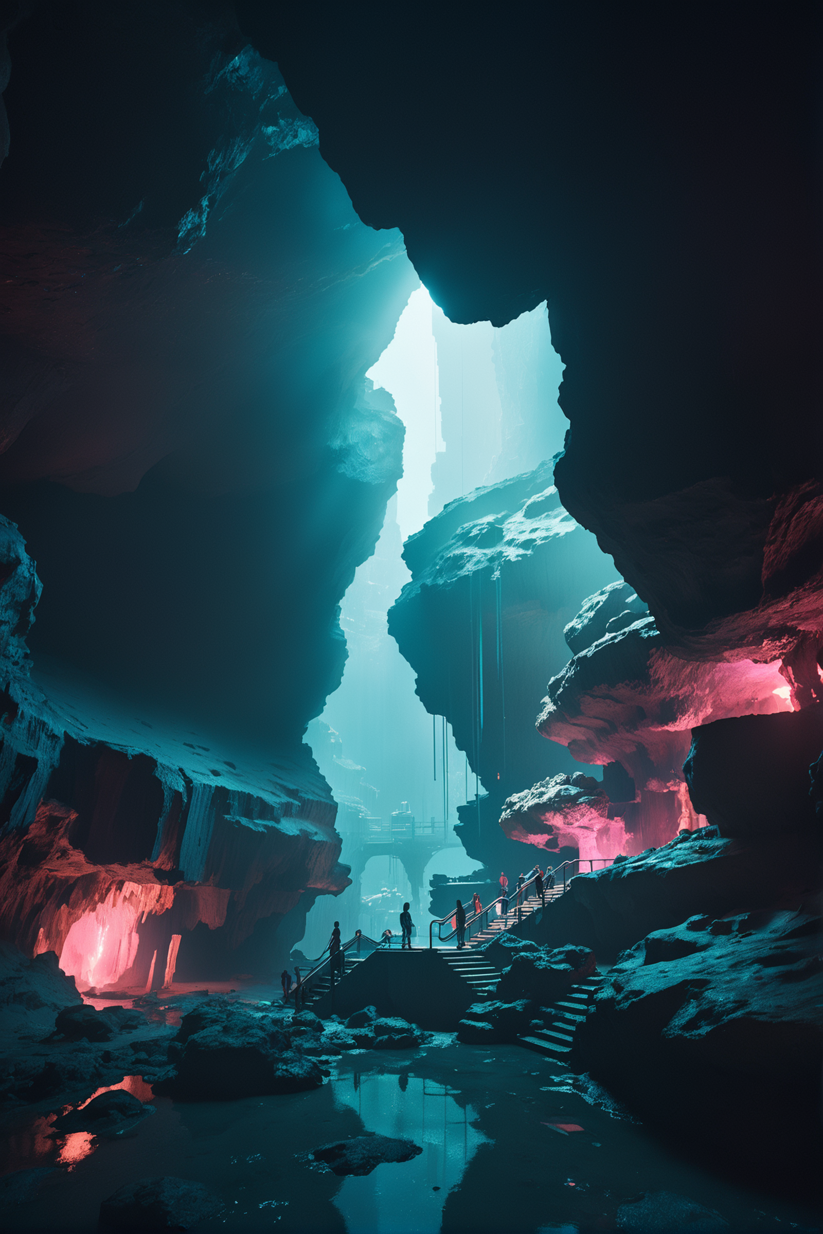 A group of people exploring a cave filled with stalactites and stalagmites.