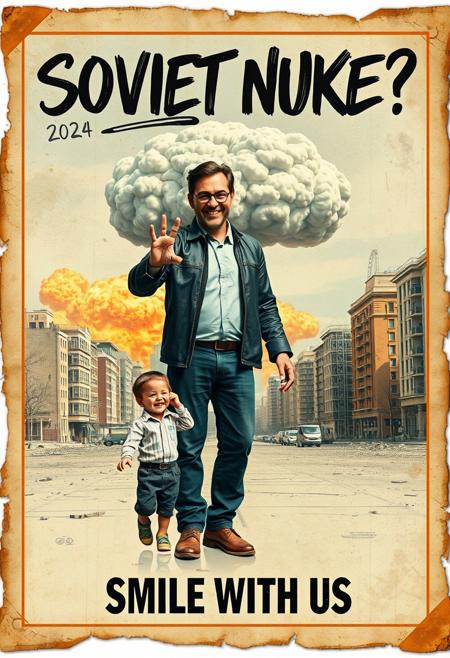 “A decayed, vintage-style poster from 2024, weathered and torn, depicting a surreal and apocalyptic scene in a contemporary setting. The faded image shows a man (the father) and his young son, both in modern clothes. The father holds the son’s hand with one hand, while making an exaggerated ‘OK’ sign with his other hand, his wide, mad smile radiating an eerie and unsettling charm. In the far background, a massive nuclear mushroom cloud rises ominously, with fiery orange fireballs at its base and visible blast waves rippling through the urban landscape. The scene is set in a desolate, abandoned city, with ruined buildings and empty streets. The poster’s bold text, ‘SOVIET NUKE?’ across the upper section and ‘SMILE WITH US’ in the lower section, is faded, smeared, and inked with scribbles and stains. The paper appears rotten, with tears, creases, and discolored edges, contributing to the haunting, post-apocalyptic atmosphere of the piece.”