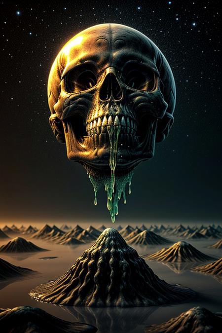 A close-up photorealistic image of a crystal-like floating skull facing dynamic view with its mouth open, pouring from it's mouth a shimmering liquid resembling the universe onto the ground, filled with rich stars and swirling galaxies. A simple void background enhances the dark atmosphere, shrouded in fog, capturing the hypnotic flow and shimmer of the cosmic liquid, from below,