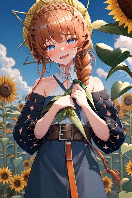 best quality, masterpiece, highres, solo, {van_gogh_fgo:1.15}, braid, long_hair, blue_eyes, bangs, side_braid, hat, orange_hair, crown_braid, smile, brown_hair, flower, sunflower, open_mouth, 1girl, blue_skin, colored_skin, crying, crying_with_eyes_open, tears, looking_at_viewer, dress