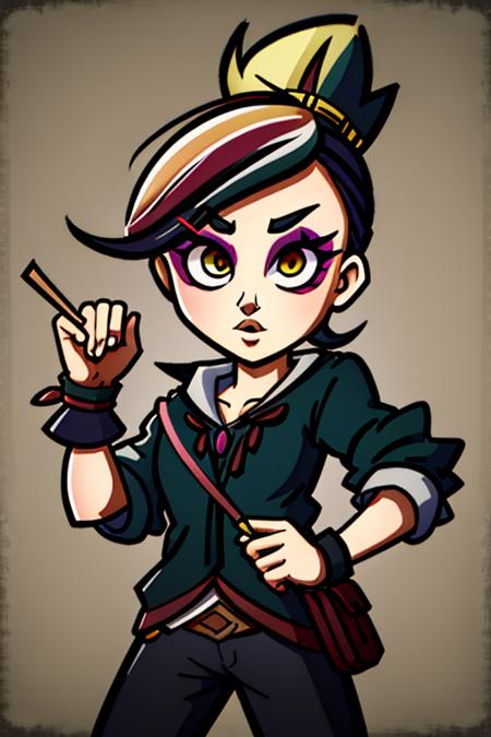 (image in dst style:1.2), messy lines, dark lines, multicolored hair, bridled gauntlets, looking at the camera,  (masterpiece, extremely detailed, 4k, 8k, 16k, highres:1.3) <lora:dontstarve_dst:1> <lora:Purahv2:0.9>