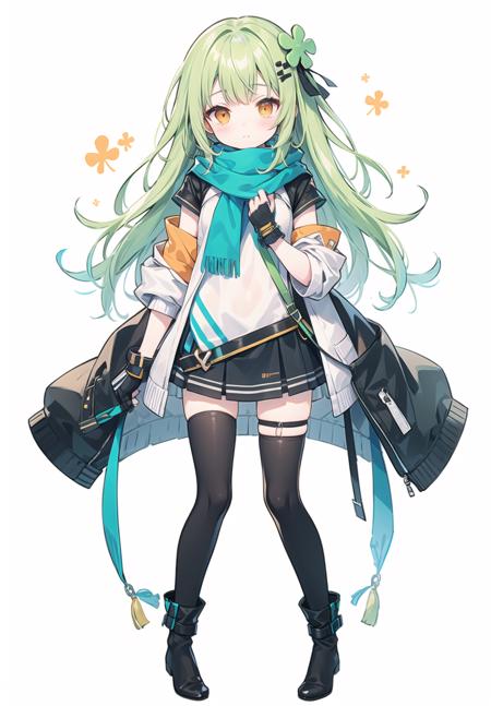 (pixiv masterpiece),best quality,1girl,cute,kawaii,flat chest,green hair,orange eyes,clover hair ornament,long hair,disheveled hair,messy hair,sweater,translucent coat,fingerless gloves,closed hands,legwear,full body,see-through legwear,scarf,