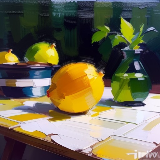 (Amusing:1.3) impasto painting, paint,green lemon and black tee on canvas by irina yrmolova,<lora:impasto painting:1> <lor...