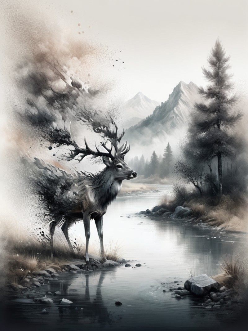 a deer in landscape, traditional ink art, mountain, trees, river <lora:ral-dissolve:1> ral-dissolve