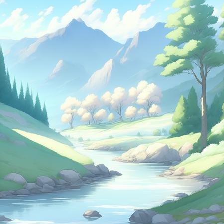 anime rendition of Peaceful river valley, serene scenery, epic landscape (RiverValley style:1) <lora:djzRiverValley:0.8)