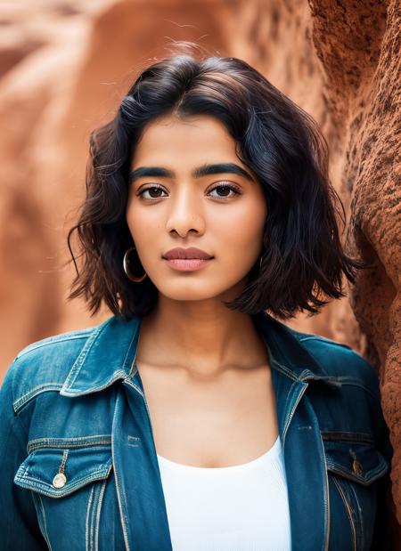 portrait of skswoman, :d , wearing outerwear , with brown Shag haircut , background desert epic (photo, studio lighting, hard light, sony a7, 50 mm, matte skin, pores, colors, hyperdetailed, hyperrealistic), <lyco:Ketika Sharma:1.1>