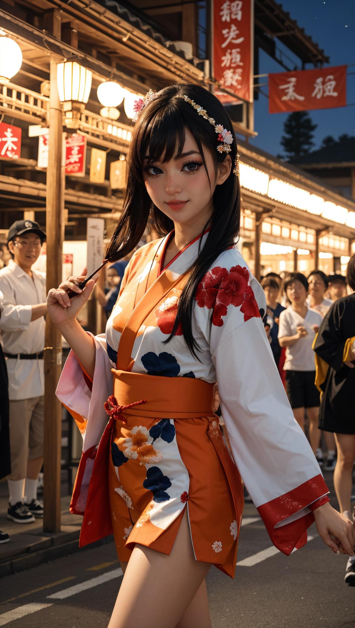 A woman wearing a kimono with a flower design poses for a picture.