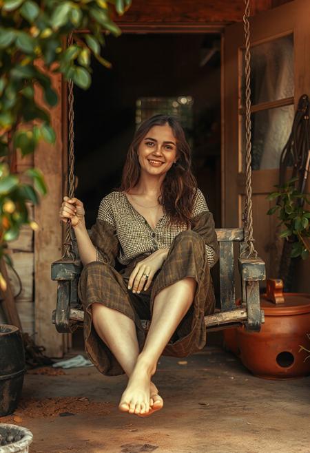 A high quality photo of a beautiful young woman sitting no a swing outside a cozy cottage, sitting relaxed with her legs up, crossed legs, cozy, slight smile, sunbeams through the leaves, dust in the air, effortlessly chic, beautiful, artistic, serene, detailed, slightly cluttered environment with plants and tools. High detail, heavy use of depth of field, 4k, super realistic, real photo, shot on Canon, camera, orange dreamy lighting, muted colors,