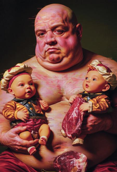 Glitchcore Baroque. A fat, ill-looking, bald man with no shirt, blotchy, mottled skin. Unhealthy. Heavily lined face. He is holding two fat babies dressed as fast-food restaurant mascots. They all hold lots of raw meat.