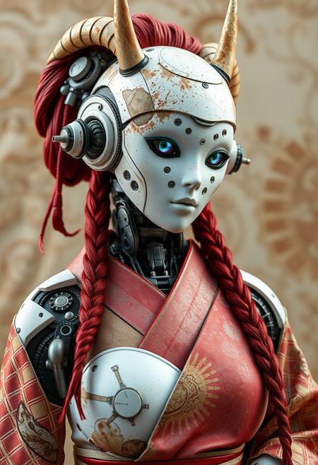 best quality, highly detailed, intricate details, extremely detailed, smooth lines, an android robot designed as a geisha, curvy body, seducive pose. Beautiful face, The android face plate is made of white ceramic material, with many mechanical parts. The android has camera lens eyes, and clear signs of rusting and wear. She is also wearing traditional intricate Japanese clothes, wide hips and thick thights , two long redhead braids, two long ceramic horns on head, futuristic, technological, alien worlds, space themes, advanced civilizations