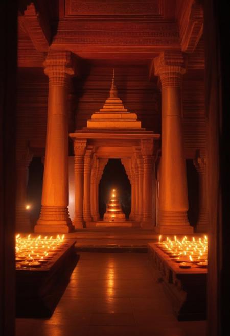 Indian tample, Pilar, flames, dim lights, candle light, ancient, inside view of a tample, masterpiece, best quality, best details