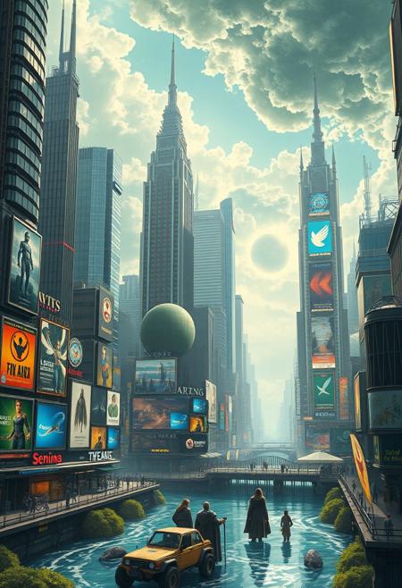 Landscape of a futuristic elvish solarpunk sci-fi city reminiscent of Times Square with tall towers and futuristic skyscrapers, tasteful advertising, surreal colours, detailed sky with greenery and flowing water