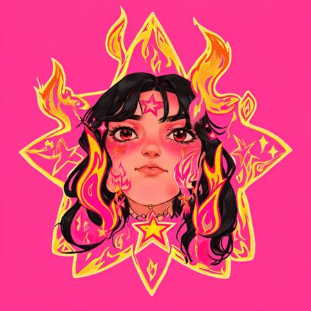 1girl, sm0k, earrings, star (symbol), upper body, flames, ornaments, simple background, pink, eyes open, long dark hair