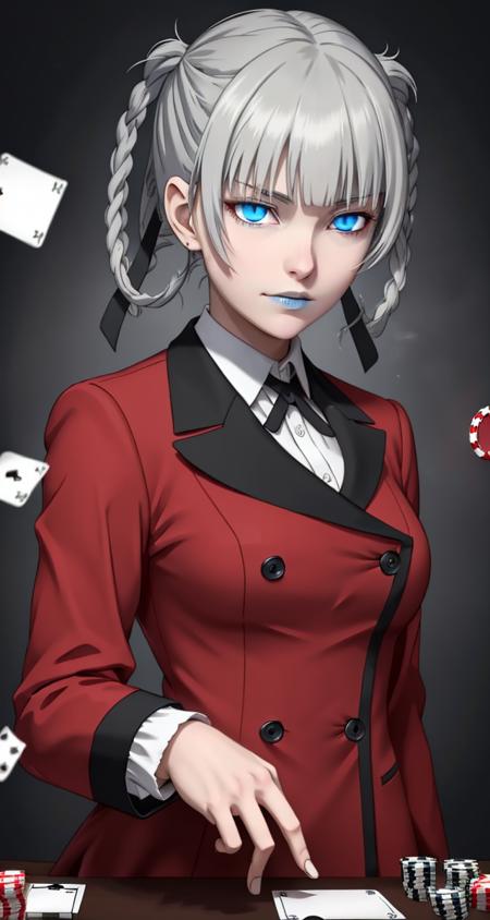 <lora:VRAMs3DMomobami640:0.5> , 1girl, xyzmomobami,  intense glare, hair rings, grey hair, masterpiece, beautiful, portrait, closeup, blue lips, red coat, double breasted coat, school_uniform, medium breasts, glowing eyes, poker, cards