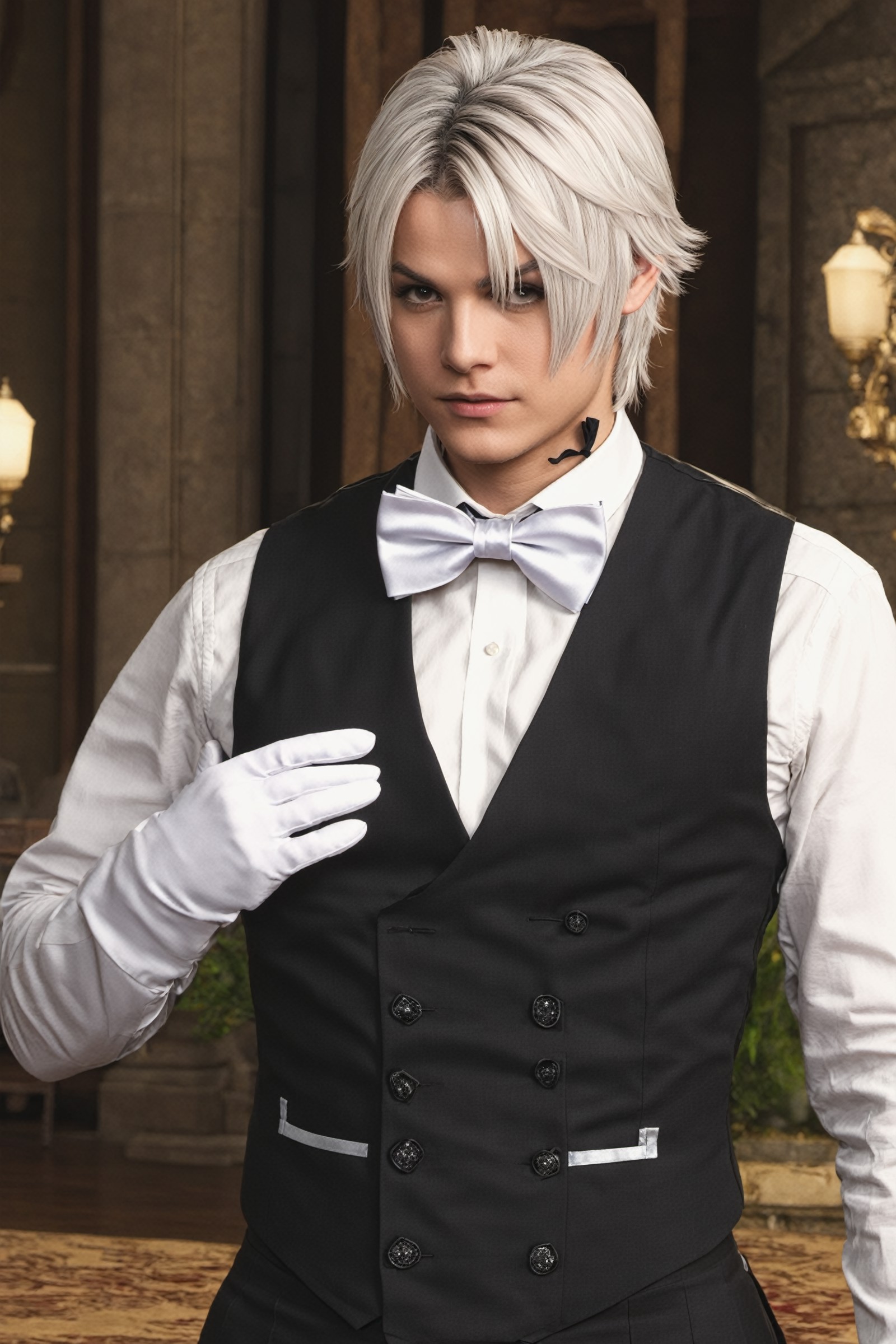 Thancred Waters,  Hyur,  looking at viewer,  gloves,  bow,  upper body,  white gloves,  bowtie,  hand on hip,  formal,  sp...