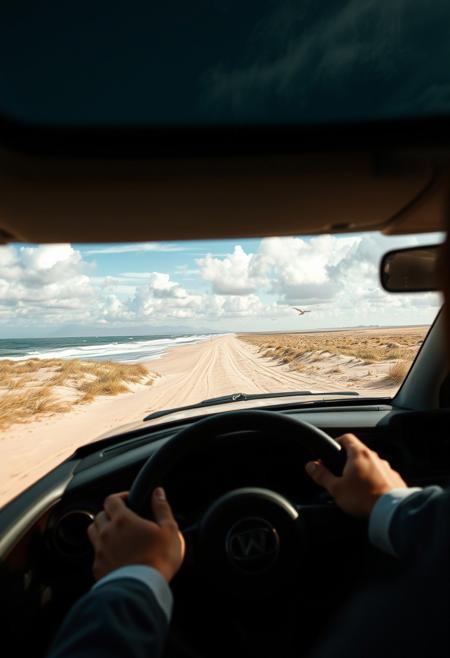 Car driver's gaze, Car running on sandy beach, You can see the ocean, emphasizing the perspective, expanding the area near the distant area, waves, swaying grass and flying birds, shadows on the clouds, the car is positioned based on the golden ratio, movement, savannah wilds, arid prairie, detailed scenery, clouds, 
best quality, sharp focus, high contrast, colorful, ultra quality, 8k, best quality,