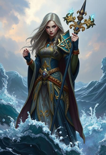 A breathtakingly lifelike depiction of Jaina Proudmoore, standing amidst a stormy sea, her enchanted staff crackling with icy blue magic, her regal attire detailed with gold filigree and swirling frost patterns. Rendered in the bold, painterly strokes of Craig Mullins and Ruan Jia.