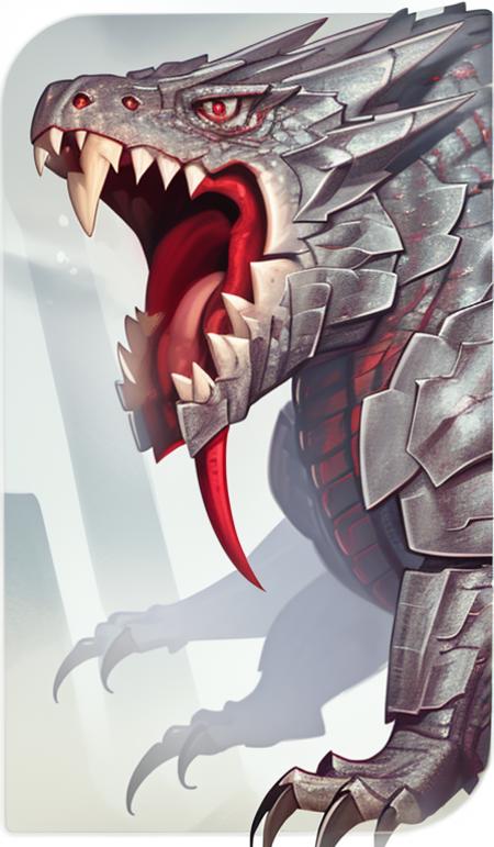 armored dragon, wyvern, saliva, claws, iron scales, monster, sharp teeth, fangs, open mouth, varghest, masterpiece, best quality, absurdres <lyco:dragonAgeTarot-000020:1>