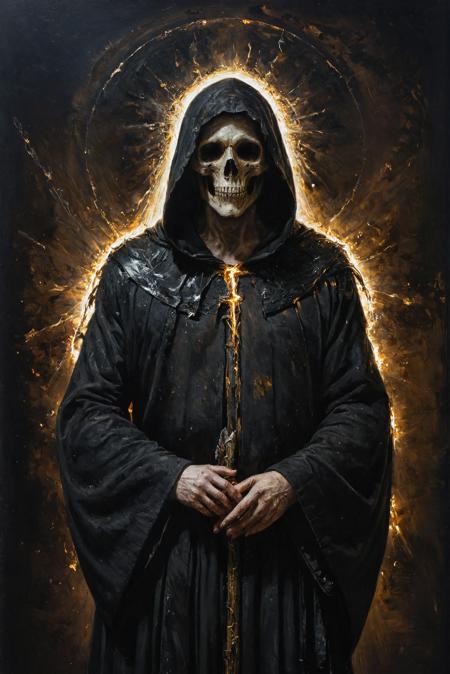 Grim Reaper, portrait, mystic halo, black robe with hood, (sparks:0.01),
in nicola samori style, backlighting, (gold:0.1), (warm:1.2), (oil painting:0.01),
 <lora:NicolaSamori:1.0> <lora:xl_more_art-full_v1:0.3>, (best quality, high resolution, extreme detail, outstanding composition, masterpiece:1.4),