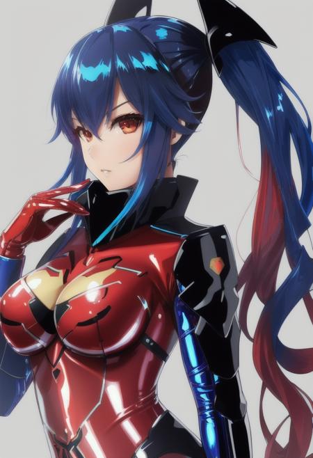 Quna two-tone blue hair (color) Zelsius suit black armor