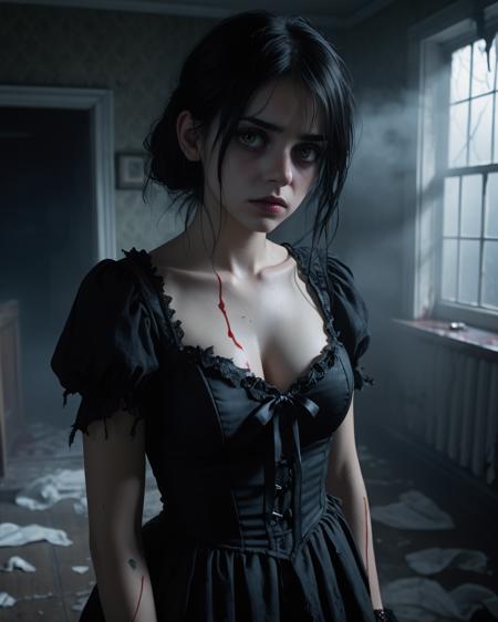 Full body photo. Low photo. 1Female. Gothic, horror, ghostly. (Old ripped torn clothes:1.2). Cleavage. (Dark foggy room:1.1). (Smeared Blood:1.1). Vacant sad stare. Highly detailed expressive eyes. Sadness. Haunting atmosphere. Depression. Loss. Photorealistic, Natural atmospheric lighting, intricate details, 35mm photograph, film, professional, 4k visuals, highly detailed, elegant, studio quality.
