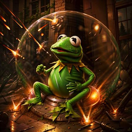 <lora:forcefield-10:0.9> forcefield, 1green frog puppet, inside a sphere   <lora:Kermit:0.8> Kermit, bullet, light trails, sparks,