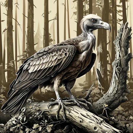 score_9, score_8_up, score_7_up, style of Biological illustration, vulture, sitting on log wood, digital, detailed, masterpiece,