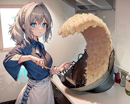 (best quality, masterpiece), ricewave, (1girl, solo,cooking, standing ,  gray hair, *//*, blue eye, *//*, white blouse, looking at viewer, closed mouth, upper body), (kitchen, holding wok, Spatula) <lora:fried-05:1>