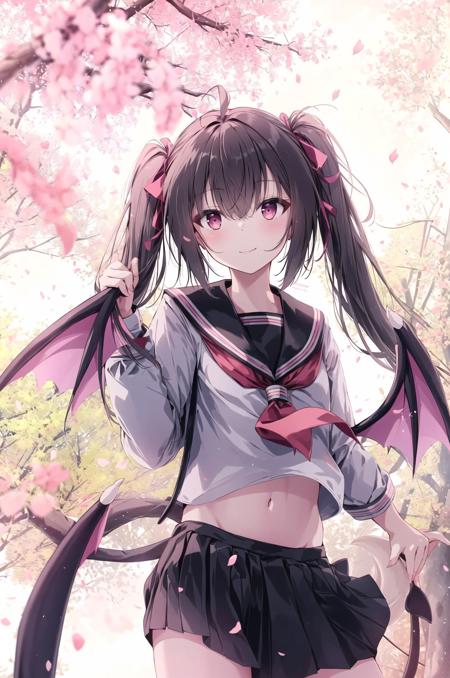 1girl, solo, school uniform, skirt, long hair, twintails, wings, smile, serafuku, looking at viewer, hair ribbon, pleated skirt, long sleeves, navel, sailor collar, ribbon, shirt, tail, bangs, cherry blossoms, white shirt, closed mouth, demon wings, petals, neckerchief, hand up, demon tail, white sailor collar, blush, very long hair, ahoge, low wings, hair between eyes, grey skirt, cowboy shot, pink eyes, twitter username, tree, (masterpiece,best quality)