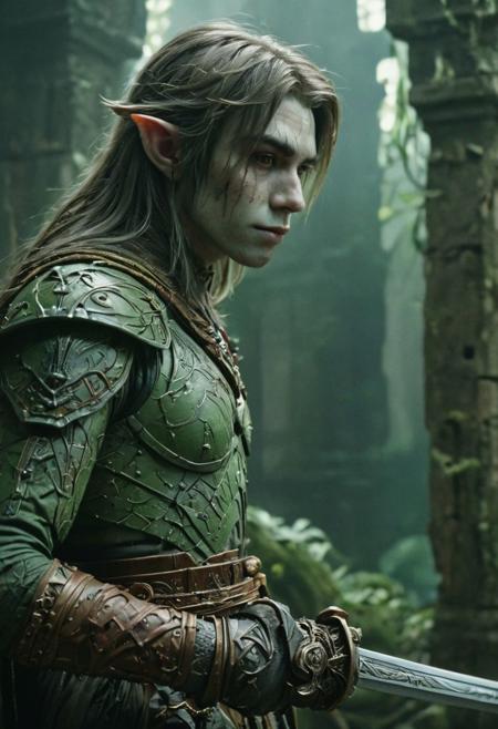 photography in the style of Labirynth, the dark crystal  movies, green, close up of (nature) and (fantasy) creature with a (diminute:1.7) sword stained with (detailed:1.5), in a beautiful and ruined ,fantasy,hyper detailed, real skin imperfections, hard lighting, bokeh, ((curi:1.2))(inspire forms in most beautiful New race:1.4) (beautiful:1.4) (ambient fantasy:1.5)(warhammer world:1.0)