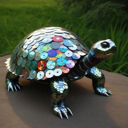 turtle made of cd's, Turtle Sculpture, CD Discs, Recycled Art, Colorful Reflective Surface, Creative Design, 3D Art Installation, Environmental Art, Upcycled Materials, Nature-Inspired, Artistic Composition, Playful Appearance, Shimmering Effect, Textured Shell, Eco-Friendly Artwork, Whimsical Style, tetrapod, four legs