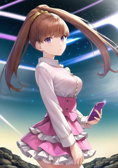 best quality, masterpiece, highres, detailed, perfect anatomy, <lora:Style - add_detail:0.2>, cowboy shot, amanene, high twintails, high ponytail, split ponytail,  purple eyes, yellow hair tie,  medium breasts, blunt bangs, long hair, brown hair, <lora:DigiNene-09:0.9>, BREAK mature female, milf, white and pink shirt, buttons, frills, frilled skirt, holding phone, desert, rocks, serious, dynamic angle, sparkles, shining, digital effect, glitch, floating screens, sci-fi, digimon,