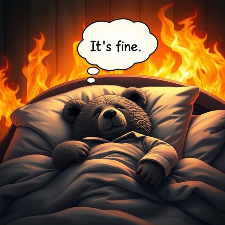 Bear sleeping in bed in pjs with thinking bubble "It's fine", eyes closed, room burning around him, fire, (((flames))), warm hues, realistic, photorealism, hd, 8k, high definition, score_9, score_8_up, score_7_up, score_6_up,