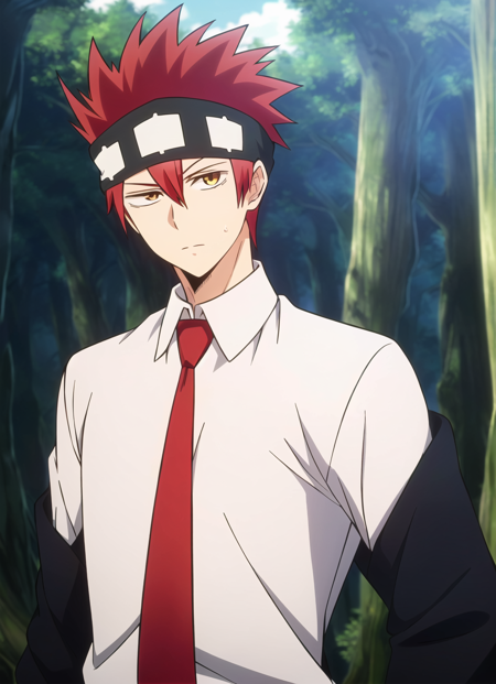 mashle <lora:mashle_offset:1.1>, masterpiece, best quality, 1boy, male focus, red hair, solo, spiked hair, necktie, white shirt, red necktie, shirt, upper body, headband, blurry background, collared shirt, closed mouth, forest, nature, outdoors, long sleeves, looking at viewer, short hair, forehead protector, jacket, open clothes