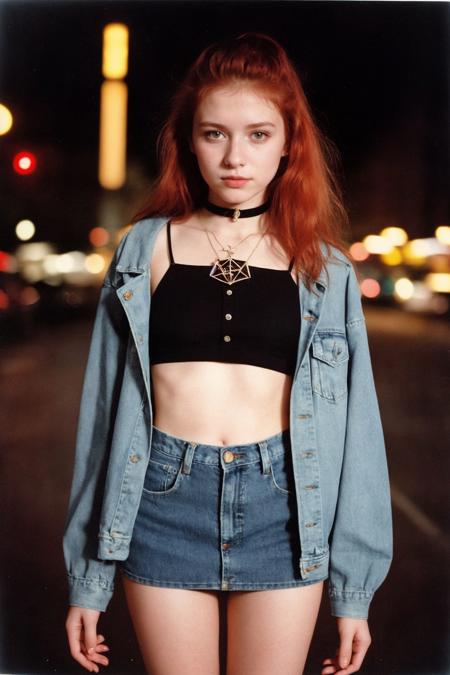 analog photo, a cute girl, 22 years old, red hair, american, 1990, miniskirt, tube top, cropped denim jacket, petite, black pantyhose, pentagram choker, vintage, faded film, film grain, polaroid, bokeh, night photography, San Francisco, shot by Lilia Alvarado