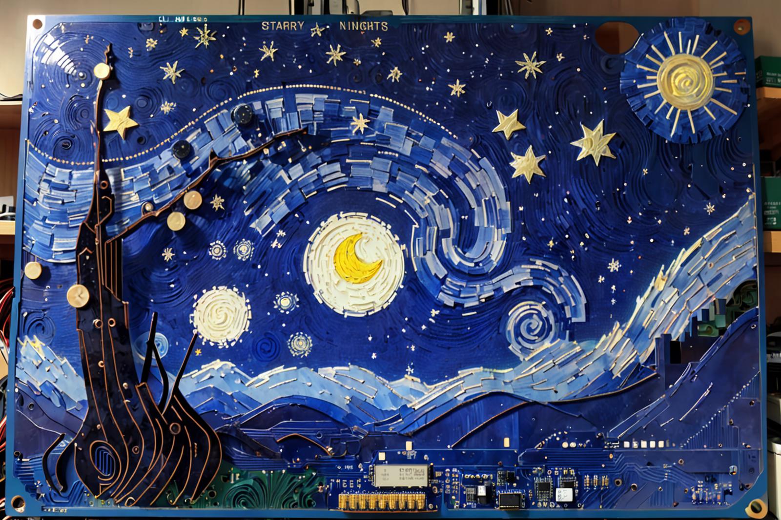 A colorful mosaic artwork of the night sky with a moon, stars, and a tree.