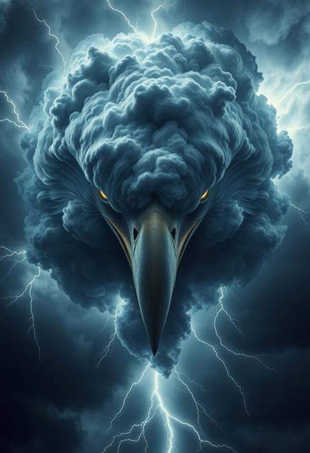 A dark, stormy sky forms the shape of a colossal eagle’s face in the clouds, its eyes glowing with a supernatural light. Lightning crackles around its head, highlighting the fierce expression carved into the swirling cloud mass. The beak is sharp and pronounced, formed by twisting currents of dark vapor. Thunder rumbles in the background as the sky glows with moody, cinematic lighting. The focus is on the face — powerful, intense, and majestic. High detail, dramatic atmosphere, fantasy storm, ethereal energy.