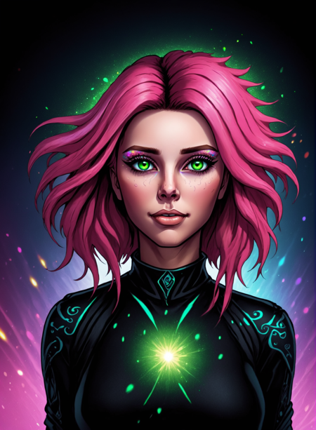 (masterpiece, best quality, ultra-detailed, best shadow), (detailed background, dark fantasy), (beautiful detailed face), high contrast, (best illumination, an extremely delicate and beautiful), ((cinematic light)), colorful, hyper detail, dramatic light, intricate details, (1girl, solo, pink hair, sharp face, green eyes, hair between eyes, dynamic angle), glitter, swirling black light around the character, depth of field, bokeh, full body, LUT Like a movie, 4 point perspective, vantage point, full body, extremely detailed illustration by duskfall portal crew