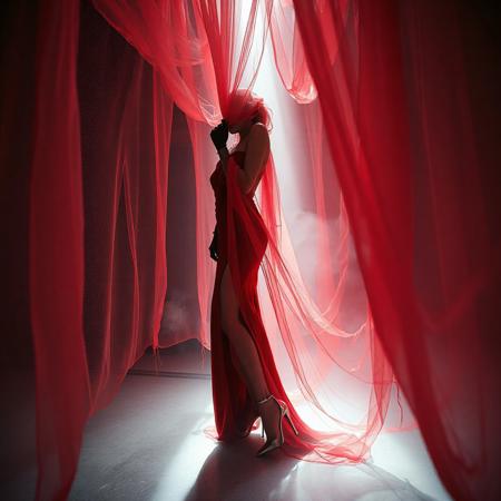 noble norvegian femme fatal lady  posing standing wearing evening GLOSSY THIN RED slime high slit gown, GLOVES  and high heels,   entrapped in  giant long waving  ultrathin transparent fisnet veils, surrounded by  fog from the floor, captured in light beam from celling,  breeding chamber,  ultrathin waisT, HORROR,  reminiscent of H.R. Giger, Zdzisław Beksinski, and Ash Thorp's dark, sleek styles, with close-up glamour photography, glossy satin and silver heels glistening, fleshy slime dripping, and dark shadows.