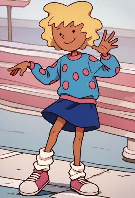 PattiMayo, 1girl, short wavy blonde hair, tan skin, black eyes, black dot eyes pink-collared long-sleeved cyan sweater with pink polka dots blue skirt white socks loose socks pink white shoes <lora:PattiMayo:1>