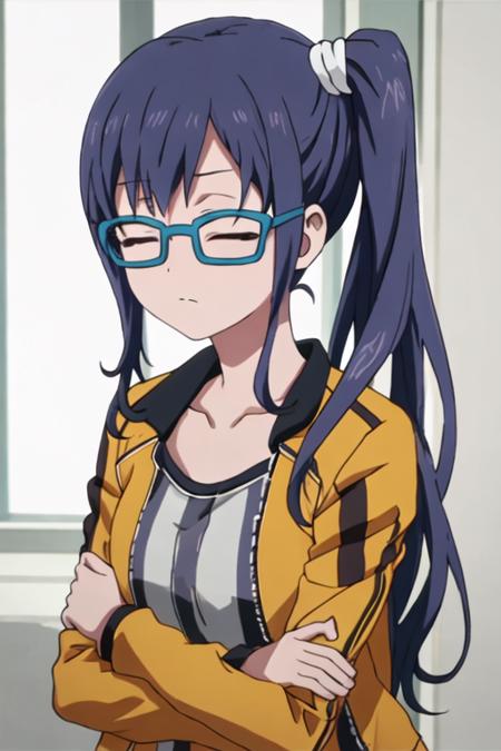 best quality, masterpiece, highres, solo, {imai_midori_shirobako:1.15}, long_hair, blue_hair, side_ponytail, 1girl, blue-framed_eyewear, closed_eyes, glasses, jacket, track_jacket