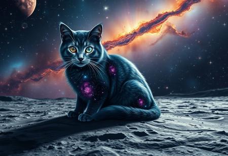 Create an image of a majestic, cosmic cat sitting on the lunar surface. The cat’s fur should shimmer with deep blues and purples, resembling the night sky, with stars subtly twinkling throughout its coat. Its eyes are vast galaxies, swirling with bright nebulae, stars, and cosmic dust. The lunar surface beneath the cat is detailed with craters and rocky textures, reflecting the light of a distant star. In the background, the cosmos is vibrant and alive, with colorful nebulae, distant galaxies, and clusters of stars filling the sky, creating a sense of infinite depth and wonder. The overall scene should feel otherworldly, mystical, and awe-inspiring.
