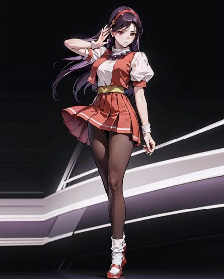 Beautiful face,best quality,highres, (1girl:1.3),solo,purple hair, long hair, hairband, 
earrings, (red dress:0.9), puffy short sleeves, white sleeves, wristband,(standing:0.9),(spread legs quality:0.6),full body,  beautlful legs,  (black pantyhose:1.3),(white sock:1.3)  <lora:Athena97-v2:0.9>