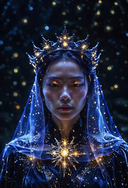 harada miyuki style, novuschroma27 style, closeup portrait, queen of shadows, glowing luminescent crown, cosmic brilliance in dark metal, her face a black void, royal robes strobing with energy, vibrant with bioluminescent light, background is a gold foil starry night, star (sky), scenery, ethereal atmosphere, volumetric glow, cinematic composition.
