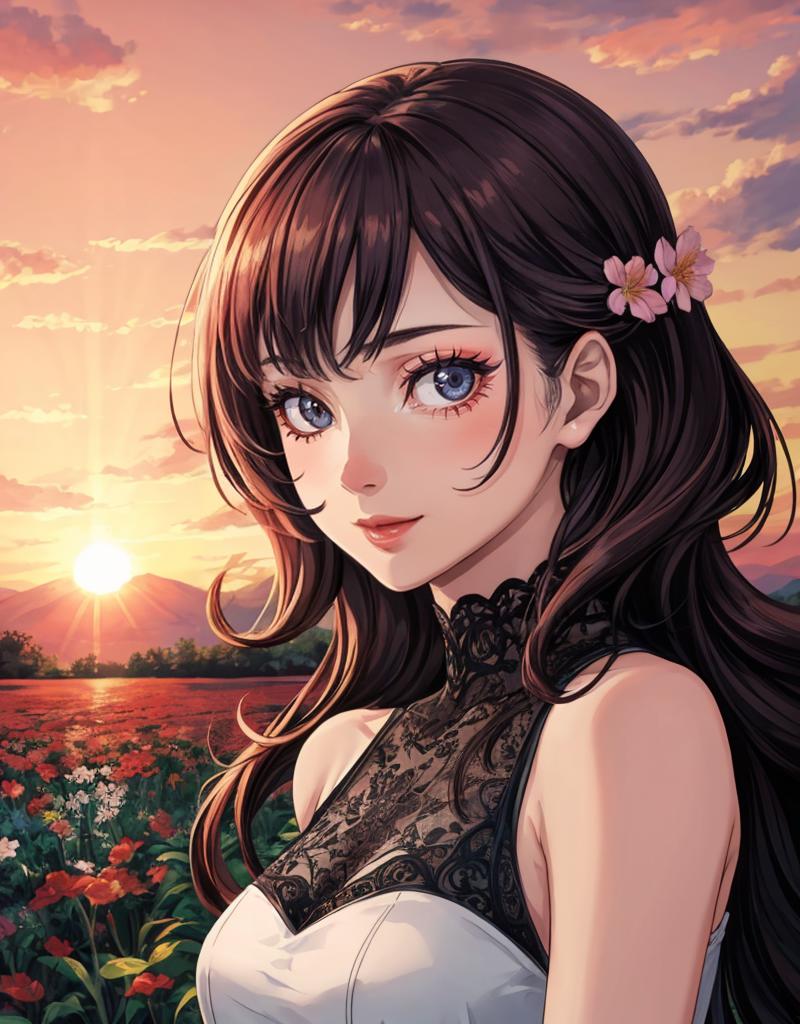 Anime character wearing a black lace top with a pink flower in her hair.